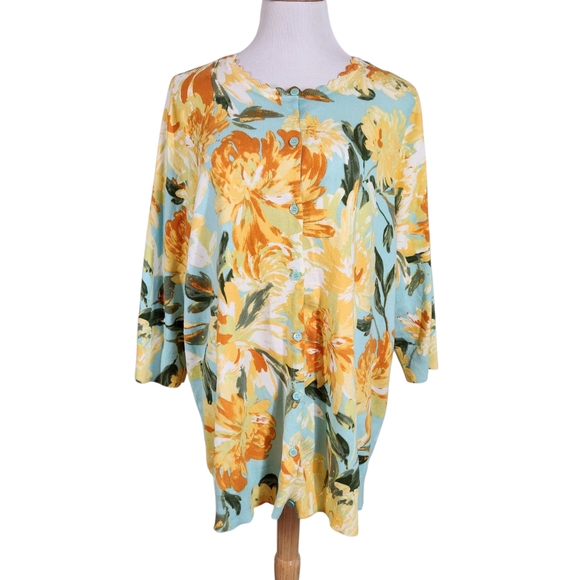 Isaac Mizrahi Cardigan Yellow and Orange Floral Button - Picture 1 of 8